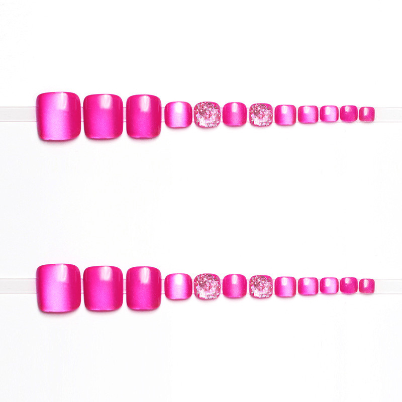 48Pcs-Short Square Wine Red Cat Eye Glitter Toe Press on Nails