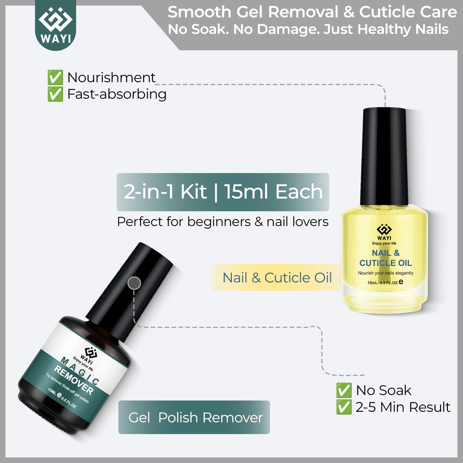 15ml Remover + Cuticle Oil with Nail Tool Set, GEL NAIL REMOVER & CUTICLE OIL