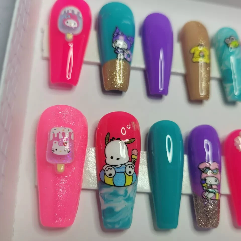 Hello Kitty, Kuromi, My Melody Press-on Nails, Gel, 20 Nail Set, Rhinestones USA