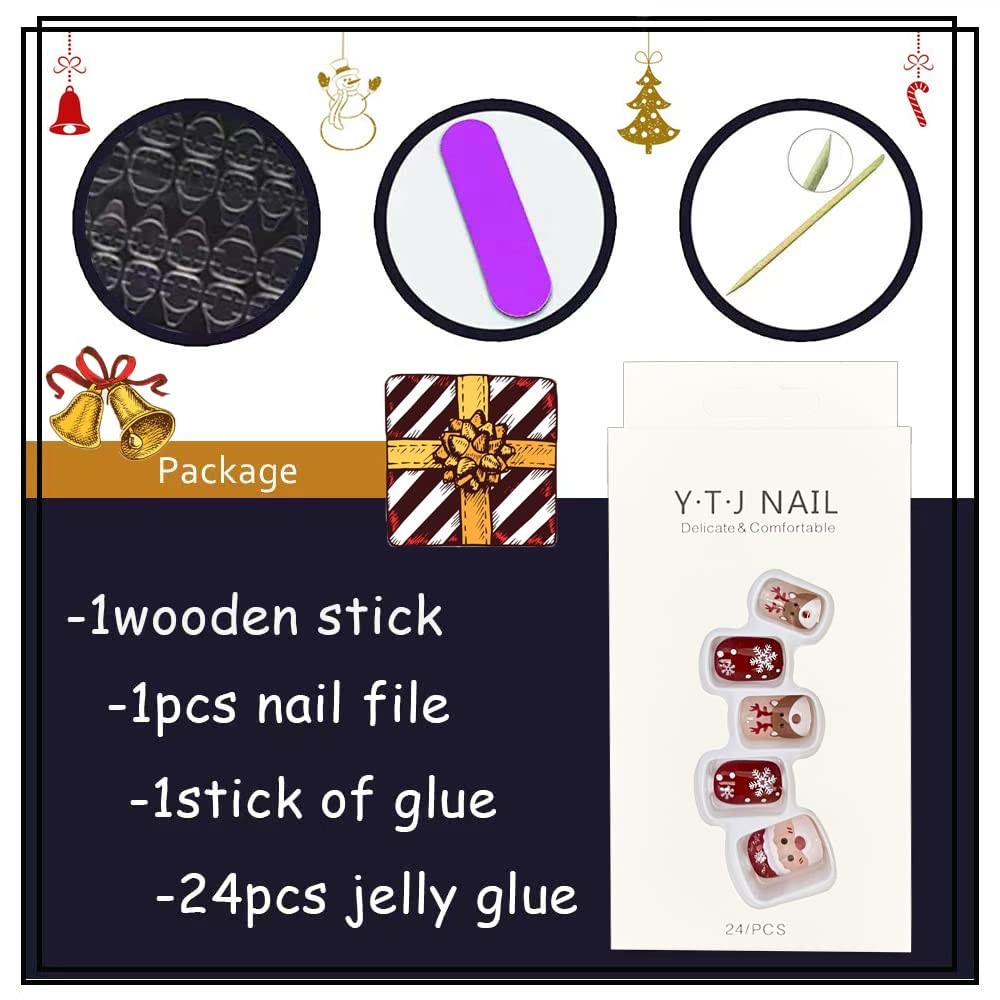 Christmas Short Square Press on Nail Snowflake Red Fake Nails Glitter Elk Sno…
