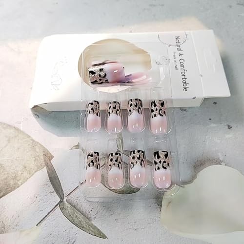 Leopard Press on Nails Gold Glitter Fake Nails Medium Square False Nails W2