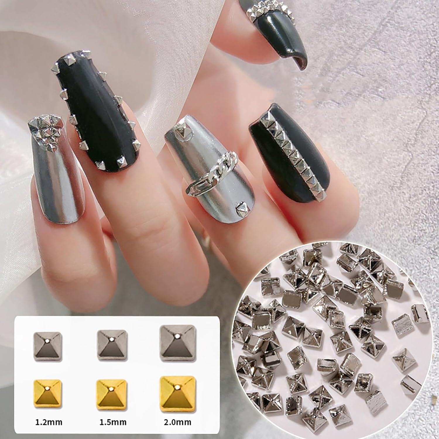 Square Spire Nail Charms, 3D Mini Metal Nail Art Studs Rivets, Black Silver Punk