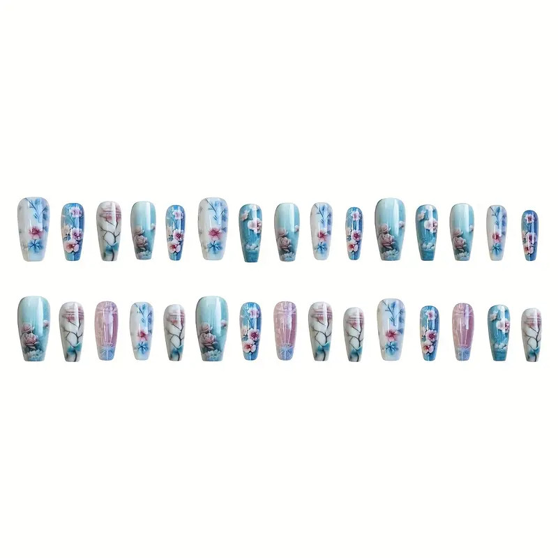 24pc Blue Pink Flowers Floral Sakura Cherry Blossom Press On Nails Long Ballet