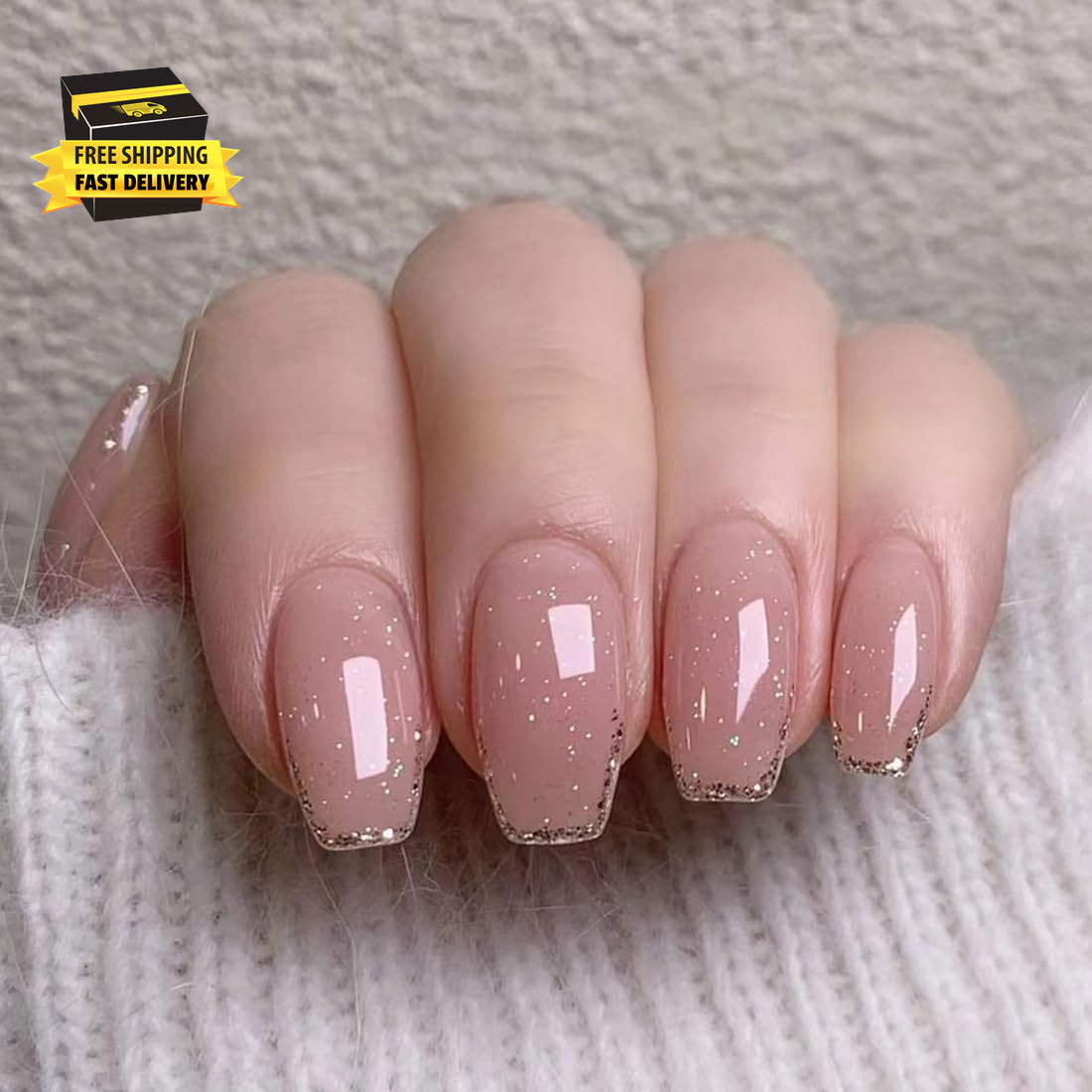 Coffin Press on Nails Pink Short Medium Bling Fake Nails with Designs Fantasy Ma