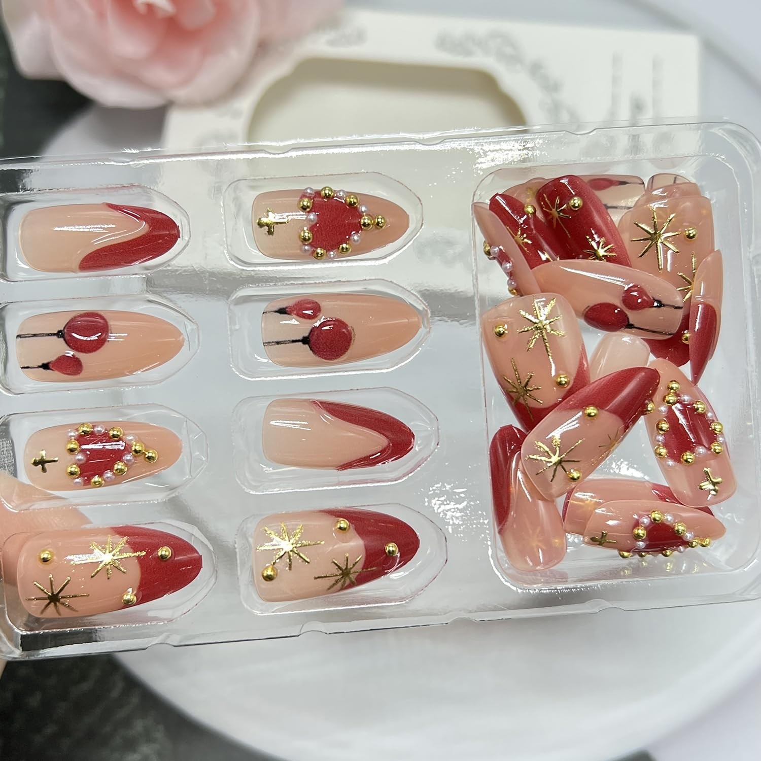 Valentines Press on Nails Medium Almond Fake Nails with 3D Red Heart Balloon …