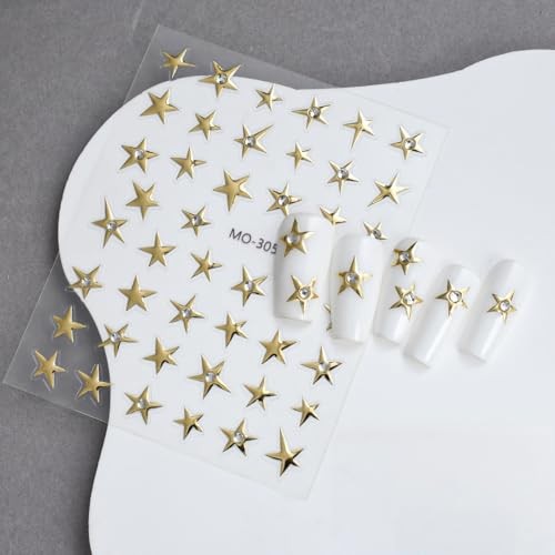 Rhinestones Gold Star Nail Art Stickers Decals 5D Self Adhesive Gold Style-16