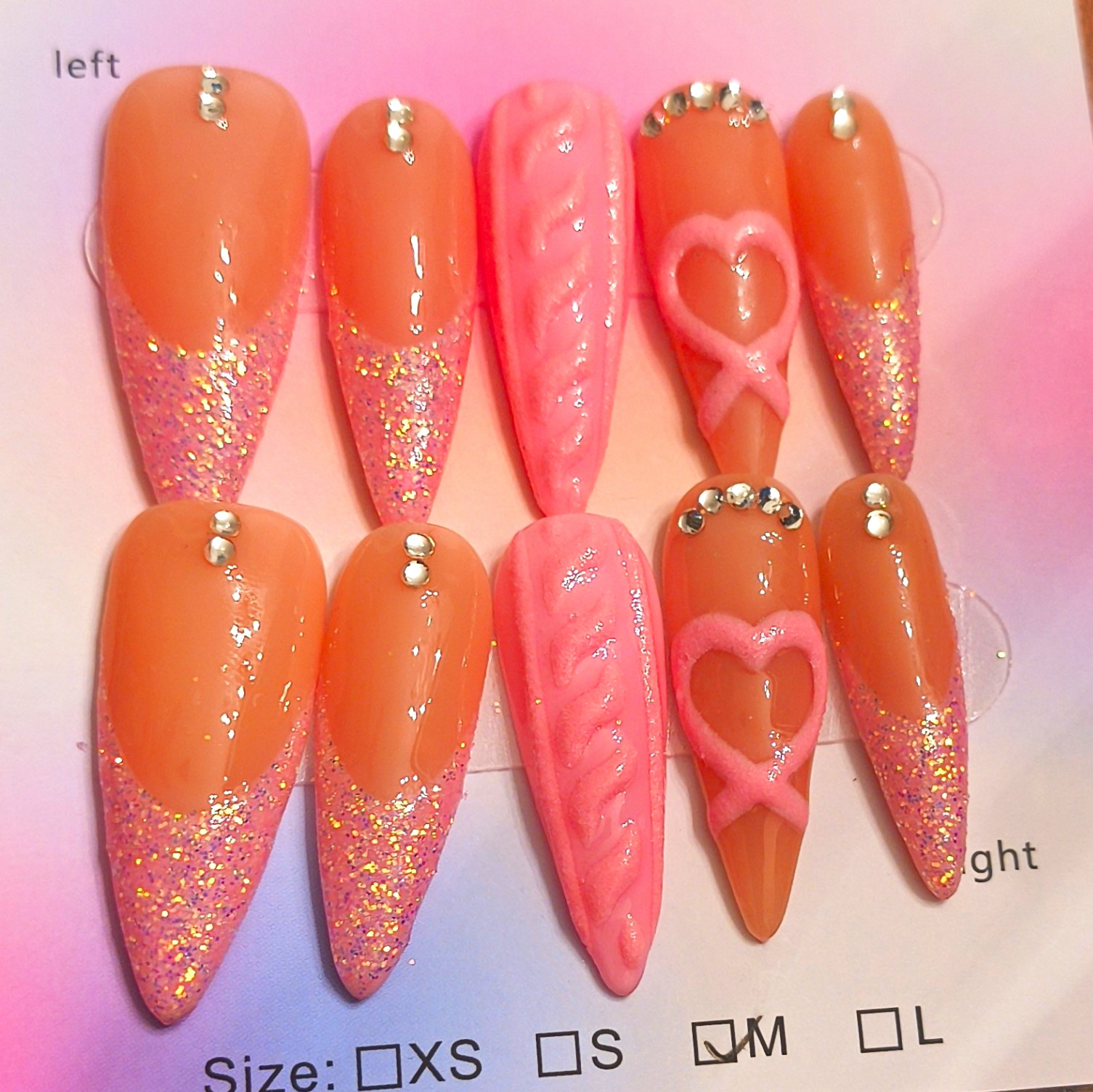 Press-On Nails Medium Almond Pink Nude Glitter 3D Heart Pre-Designed