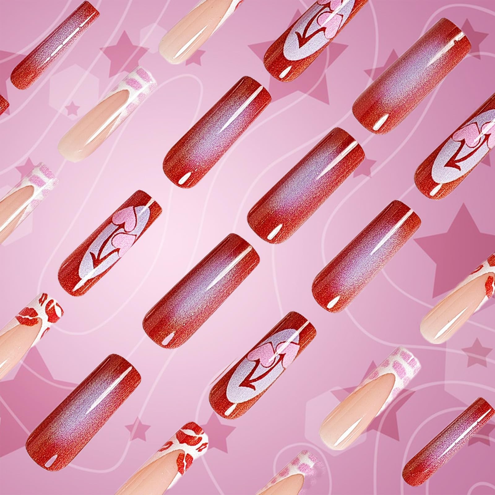 Long Press on Nails French Tip Square Fake Nails with Love Cherry Lip Print D…