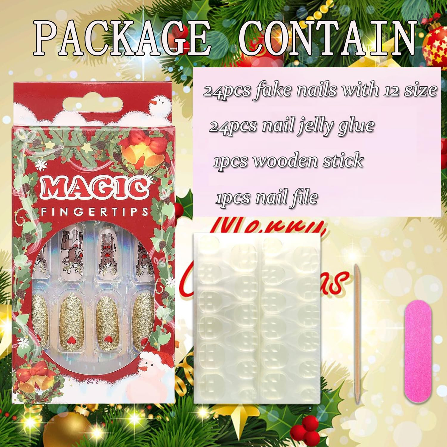 Christmas Press on Nails Oval Long Length, 24Pcs Gold Artificial Winter Fake Nai