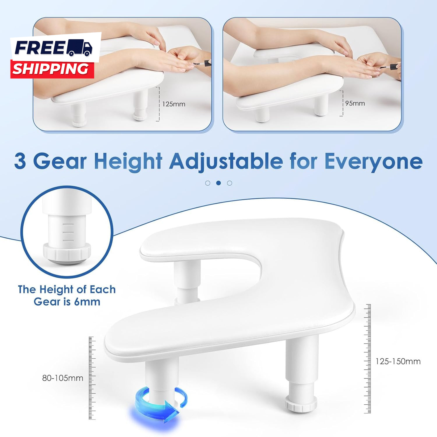 Manicure Arm Rest for Nails Tech: U Shaped Adjustable Nail Armrest White PU
