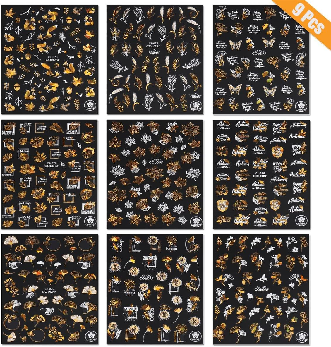 9 Sheets Bronzing Fall Nail Art Stickers 3D Metallic Self-Adhesive Maple Leaf Na