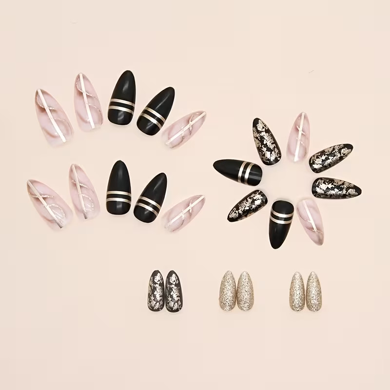 24pcs Long Dark Amber Golden Foil Press-On Nails Set, Exotic Elements, Gothic