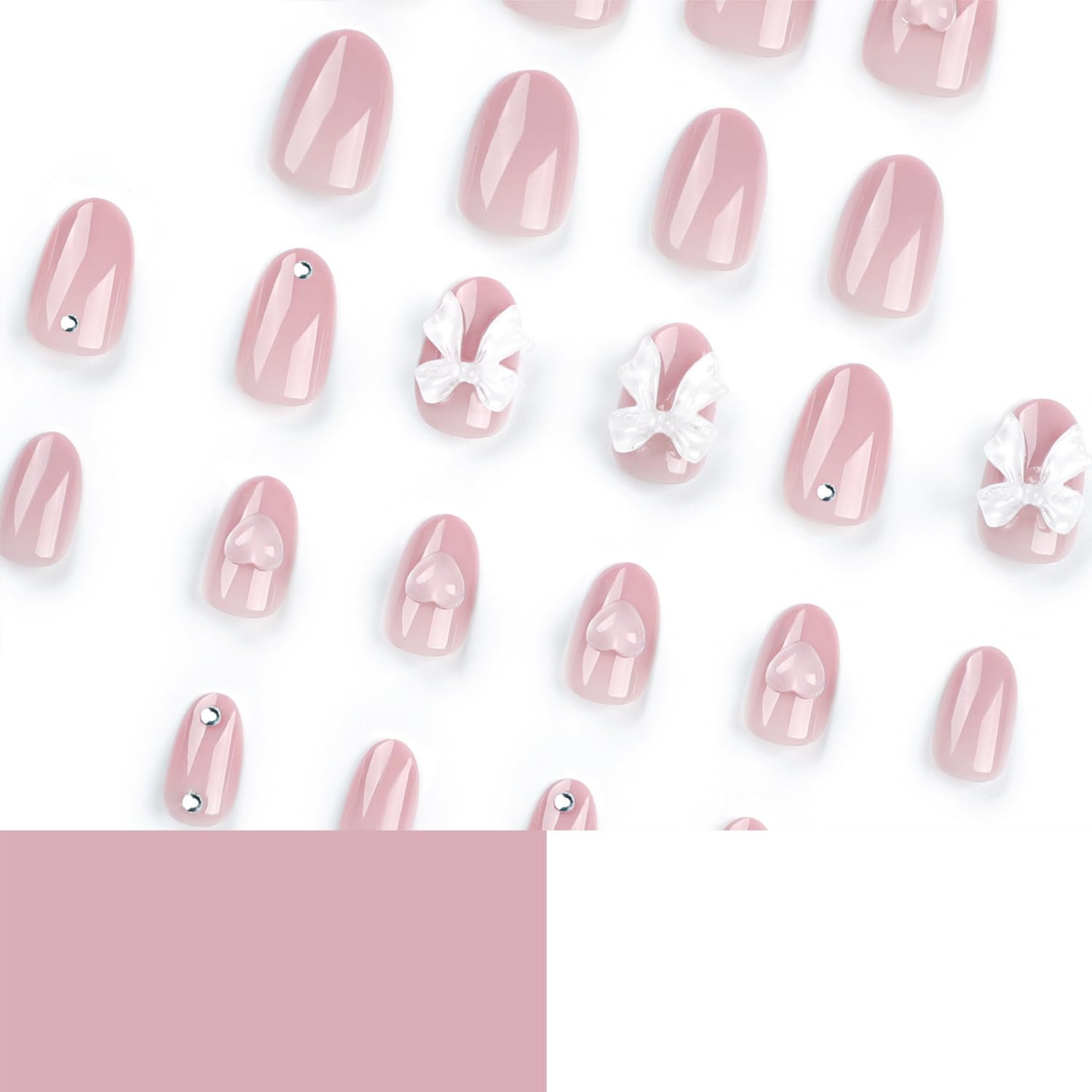 24Pcs Nude Pink Press on Nails Solid Color Short round Fake Nails 3D Love Bow Ch