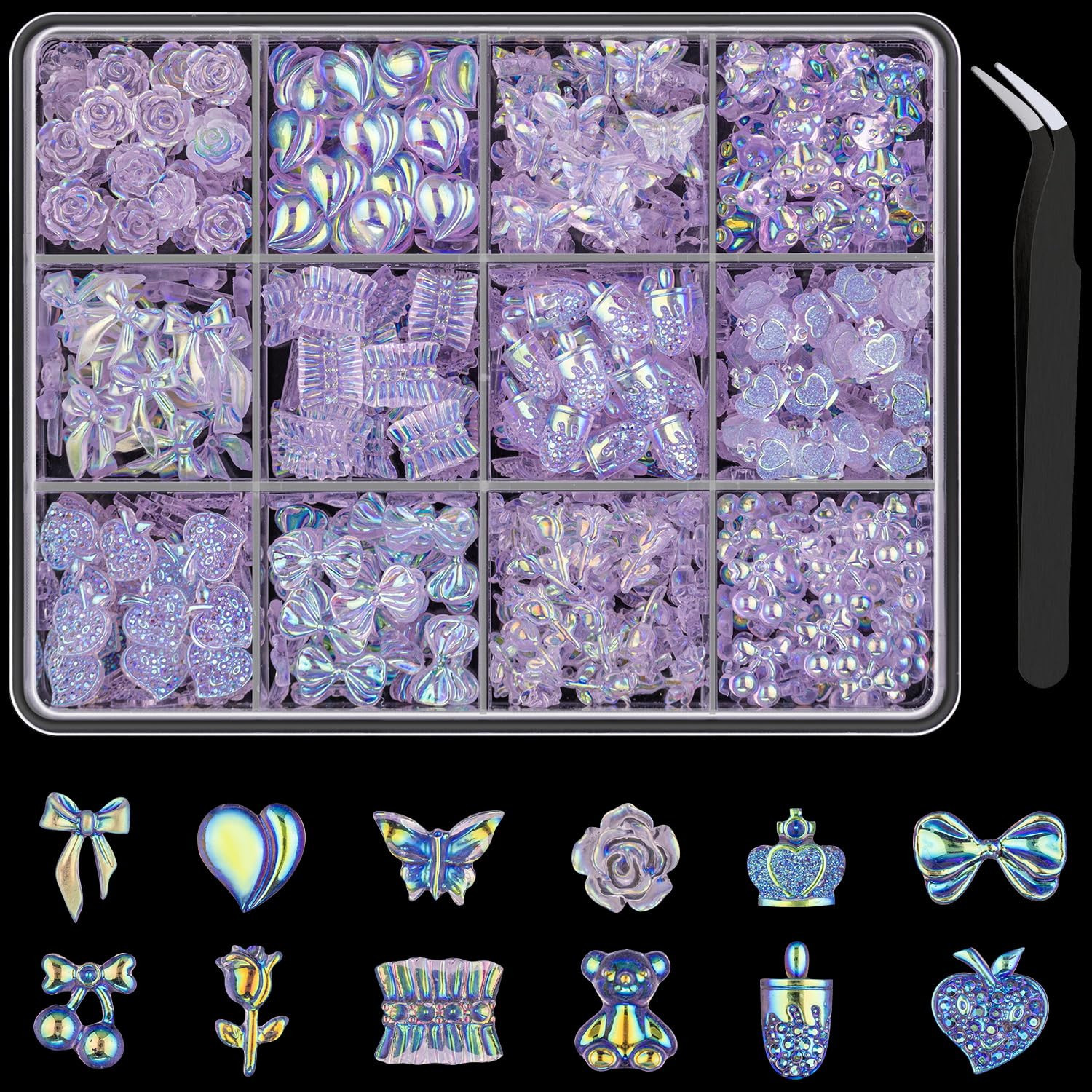 Multi Shapes Acrylic Nail Charms for 3D Nail Art, Purple Heart Flower Bow Star B