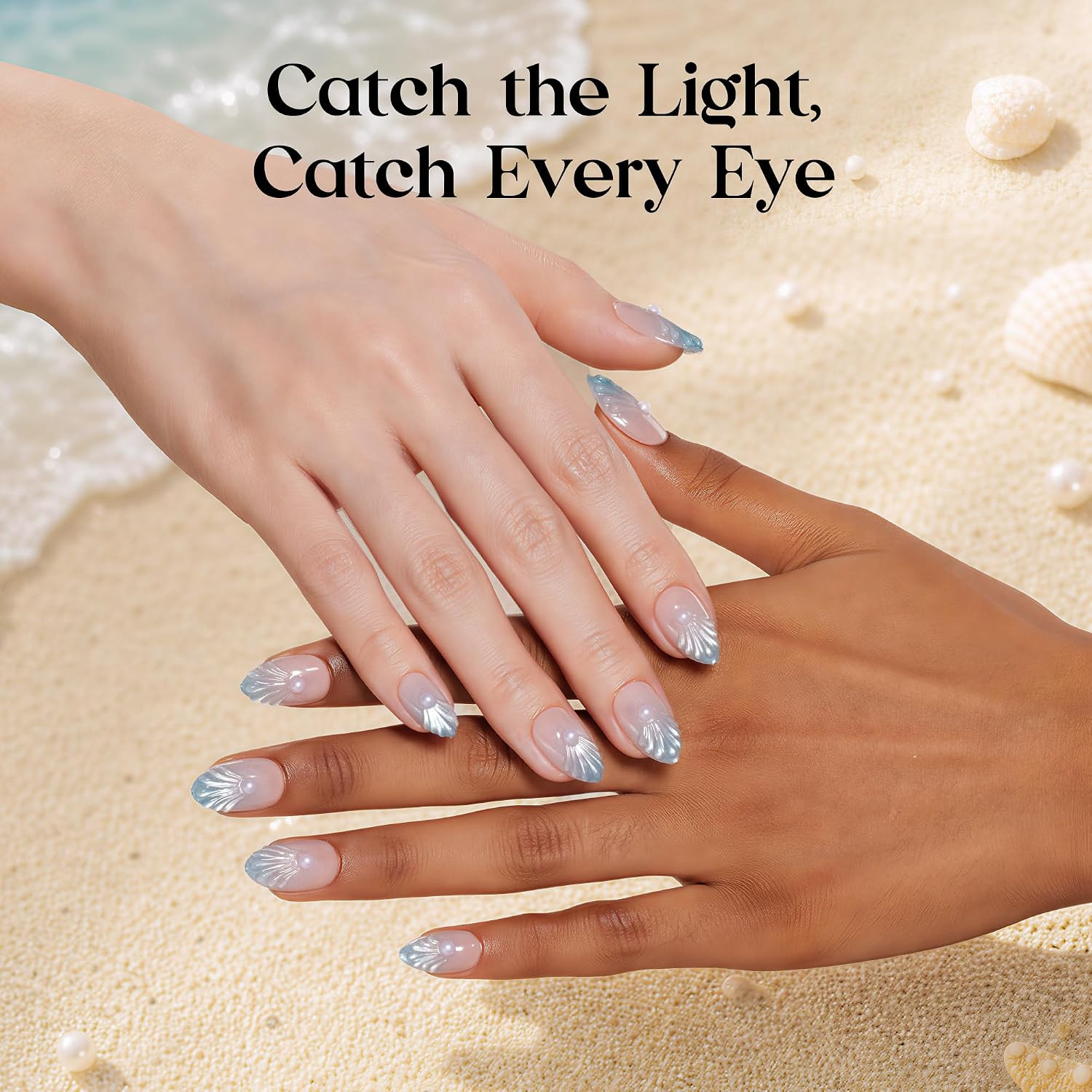 Cat Eye Press on Nails Short Almond 32 Pcs Mermaid Nails Kit | Short Almond 3D C