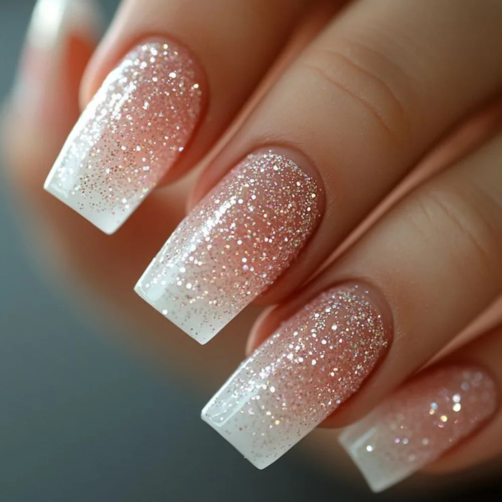 24pcs Short Square Press on Nails Love Stripe French Acrylic Full Cover False