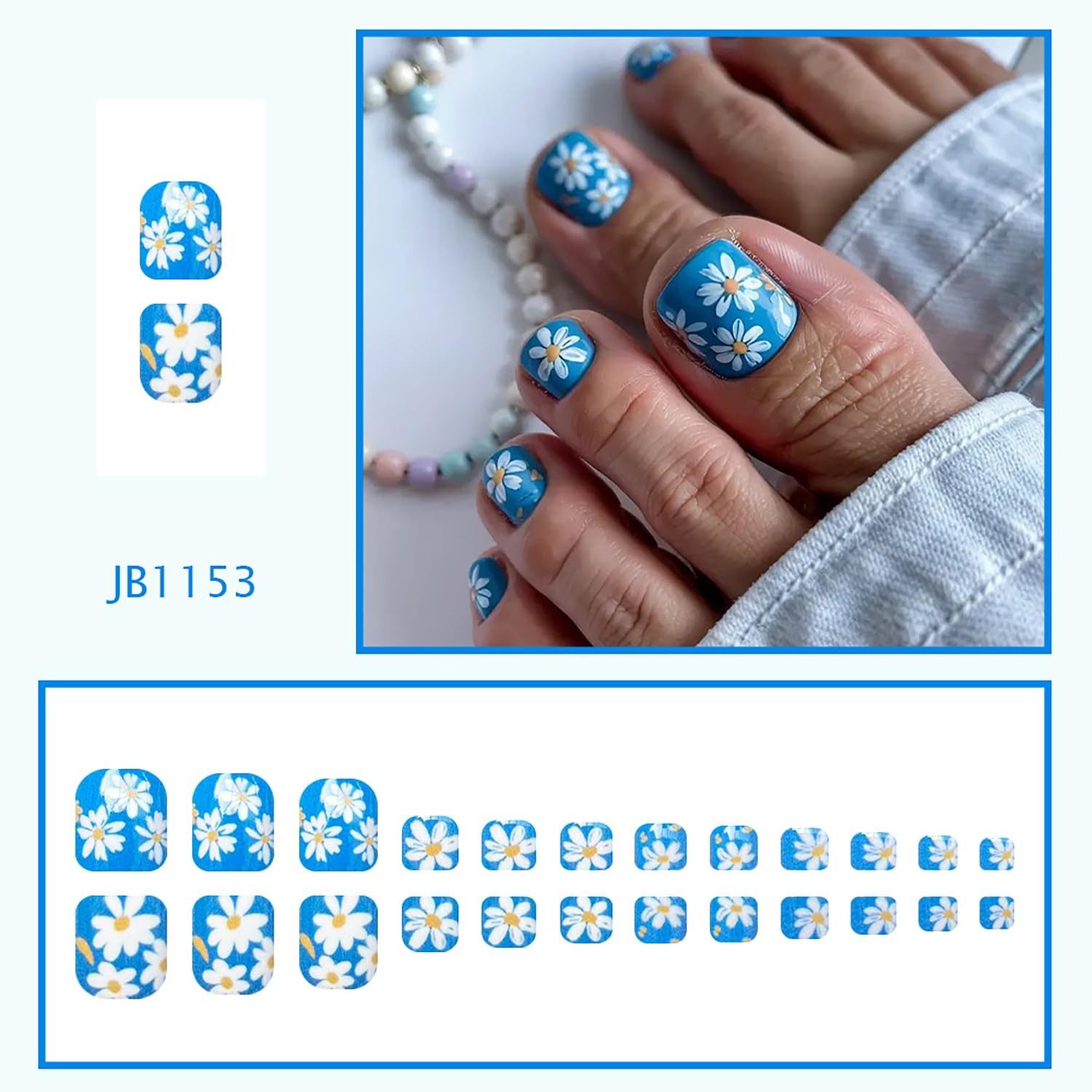 Blue Press on Toenails Short Square Fake Toe Nails Floral False Toenail