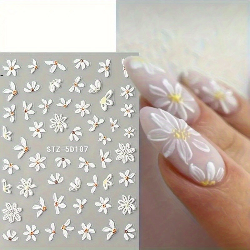 6PCS 5D Embossed Daisy Nail Stickers Shiny Self-Adhesive DIY Nail Glam Kit