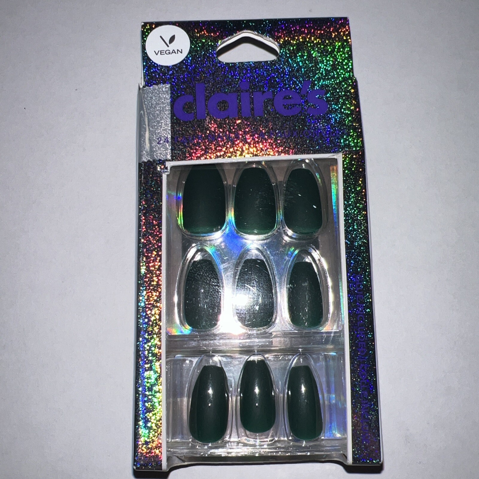 24pc Claire’s Fake False Press On Nails Glue On Vegan Green Matte Coffin