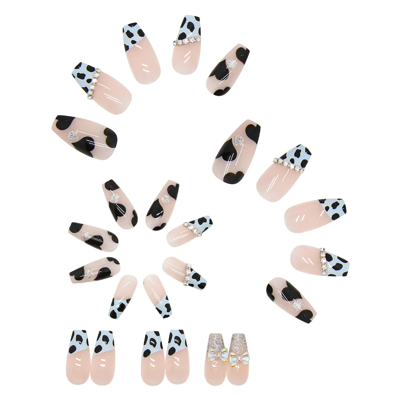 24Pcs Black Heart Cow Pattern Bow Korean Style Press On Nails