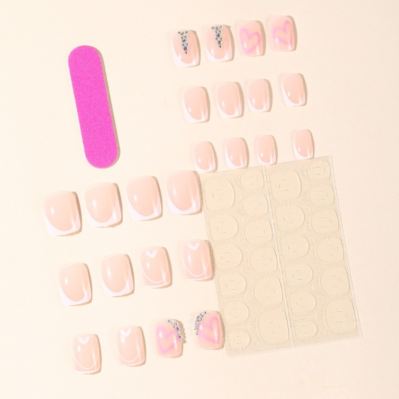 48 Pcs of Wearable Short Square White Minimalist French Pink Removable Fake Nail