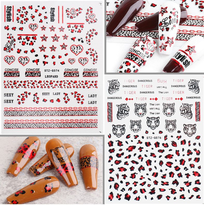 3D Nail Art Stickers Red Black Leopard Tiger Print Lace Heart Self-Adhesive NH23