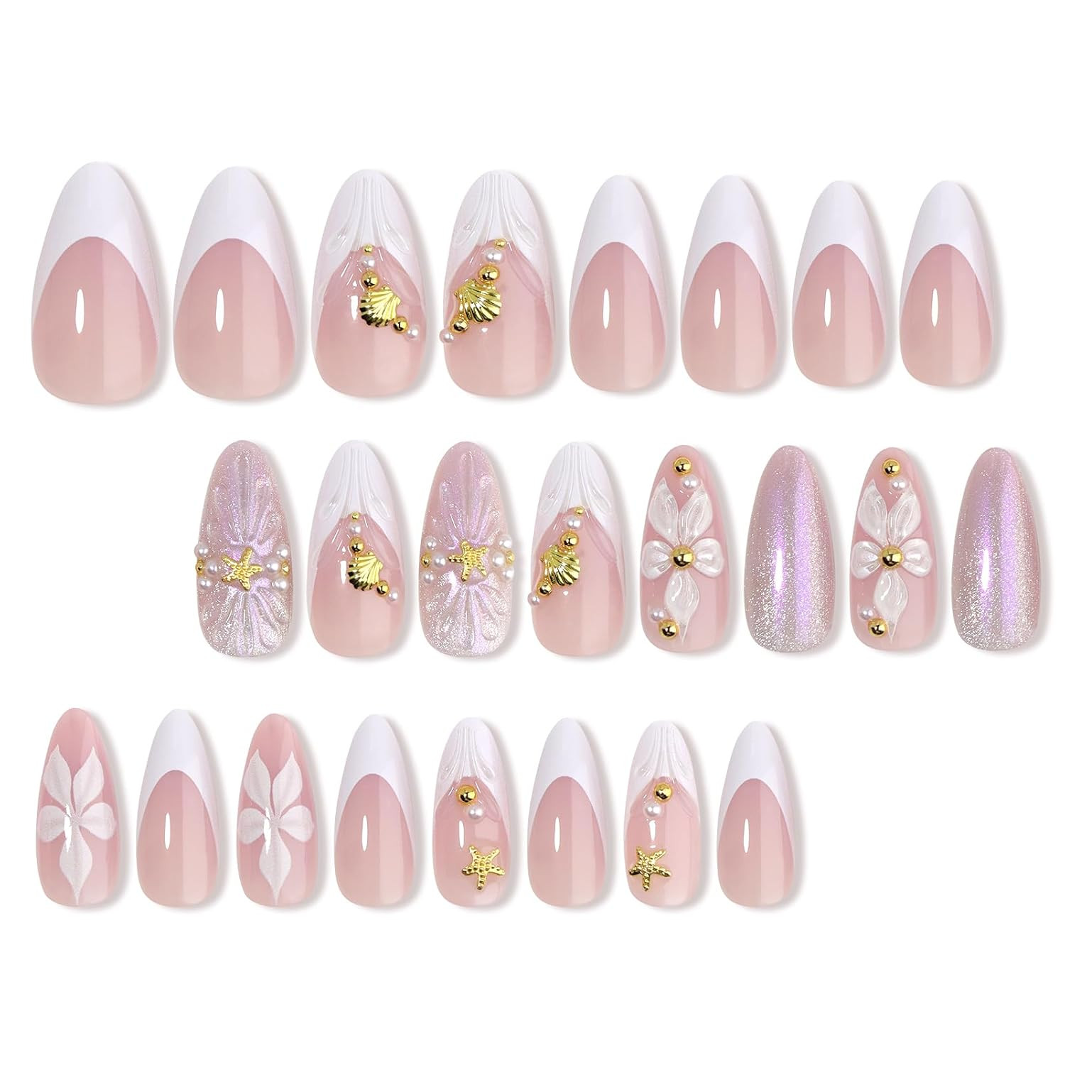 3D White Flower Press on Nails Medium Almond Spring Summer Vacation Fake Nails w