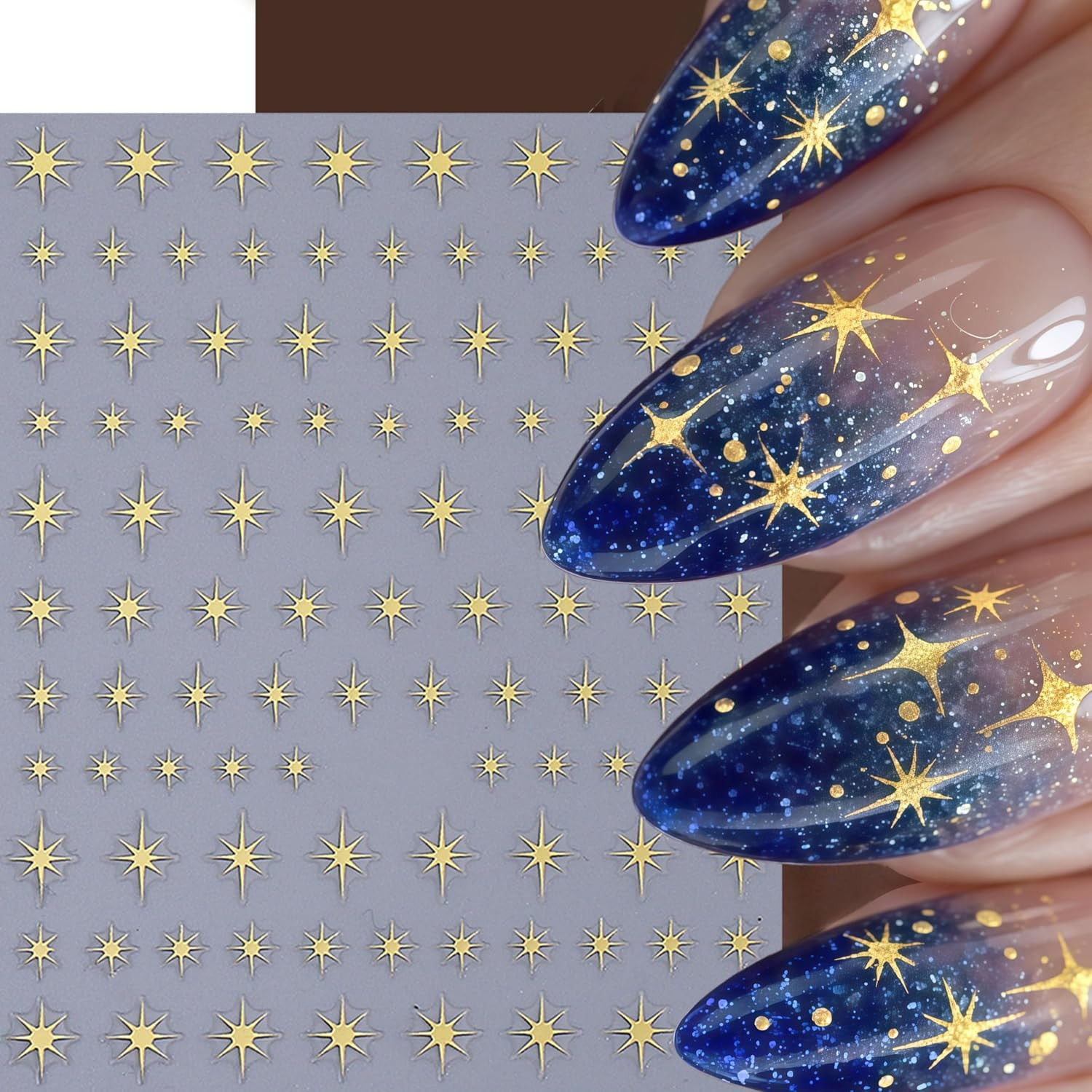 8 Sheets Gold Star Nail Art Stickers Decals 3D Self Adhesive Laser Golden Star N
