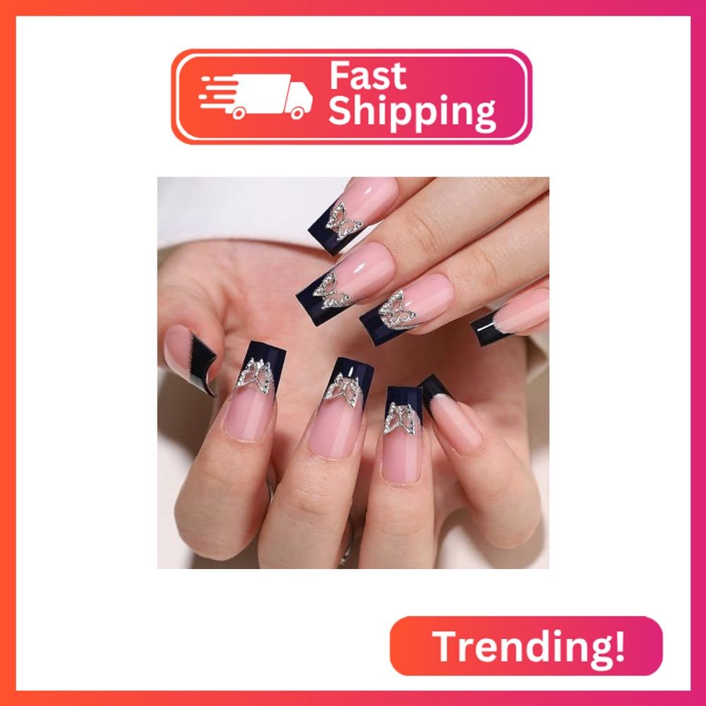 WAFOLOZE Black French Tip Press On Nails – Long Press On Nails Square Fake Nails