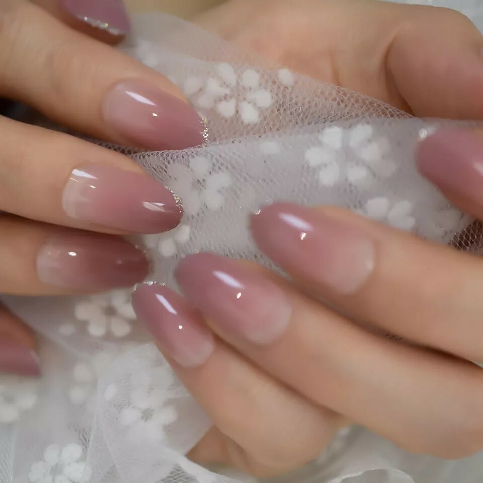 24 Ombre Tan Blush glitter rim Press On Nails oval medium almond nude free stick
