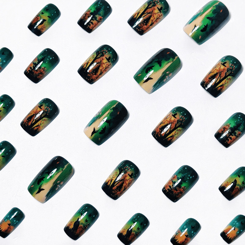 48Pcs Medium Oval Nails, Green Brown Tone, Forest Bird Silhouette