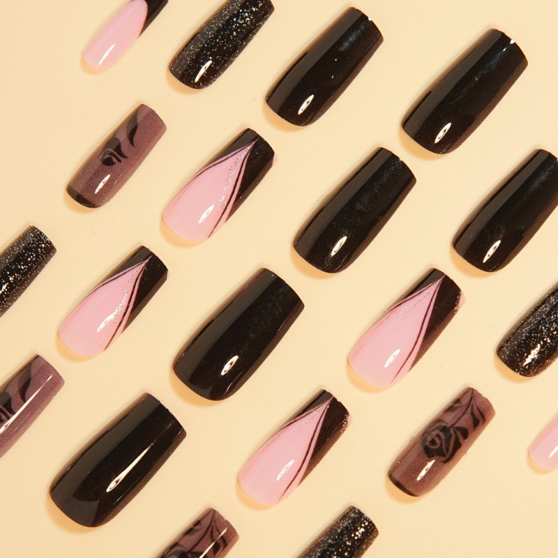 48Pcs-Black Rose Purple Press on Nails Coffin Nail Art Set Reusable Handmade
