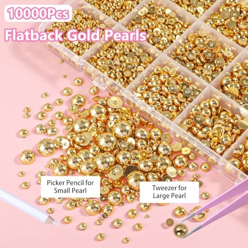 Gold Pearls for Crafting, Flatback Half Round Gold Pearl for Nails, 7 Set-1