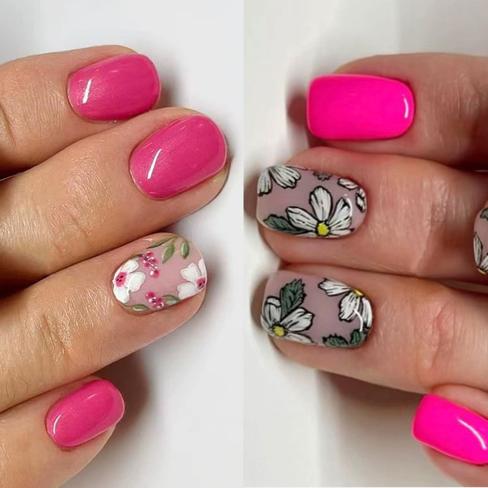 2 Packs 48Pcs Flowers Press on Nails Short Square Fake Nails Pink Floral Fals…
