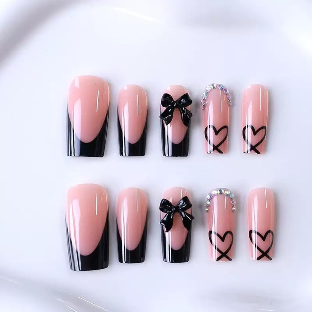 Medium Press on Nails Coffin – Black French Tip Fake Nails with Bow Charms Desig