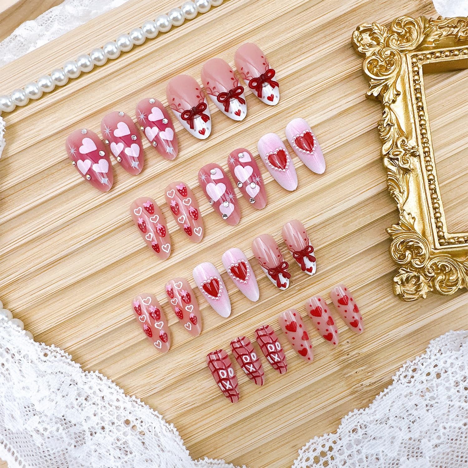 24pcs Valentines Press on Nails Medium Almond Fake Nails with Bow Heart Straw…