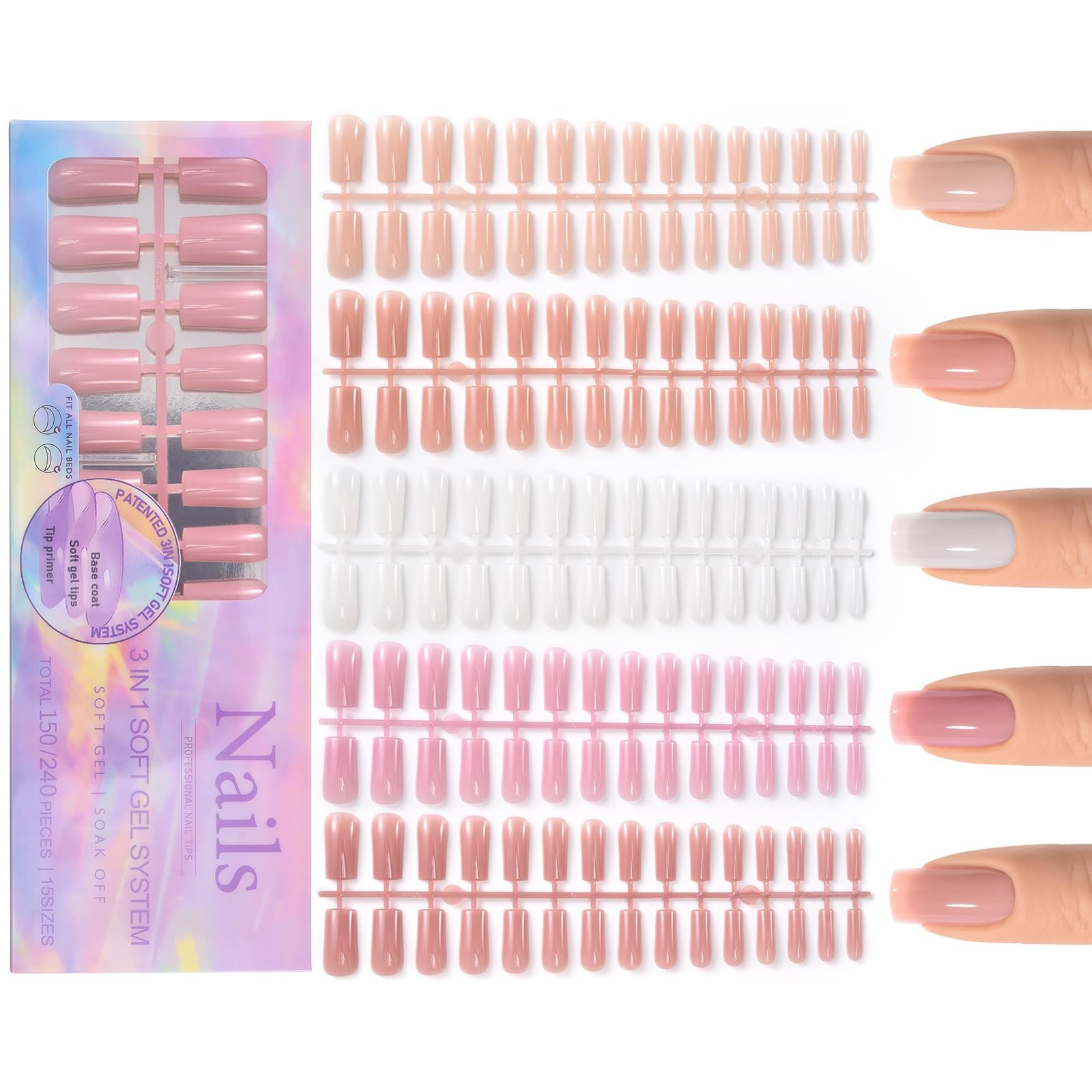 150Pcs Press on Nails French Tip Gel Nails Skin Color Fake Nail Tips Soft Gel…