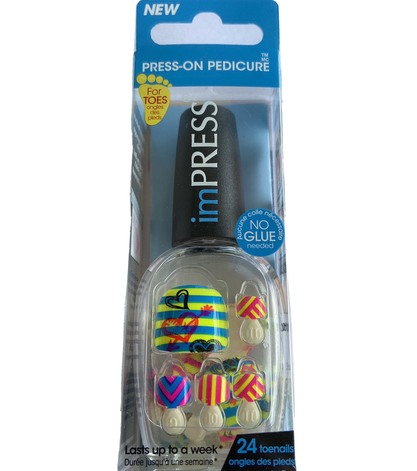 NEW Kiss Nails Impress Press On Pedicure Short Gel Yellow Pink Hearts Stripe Toe
