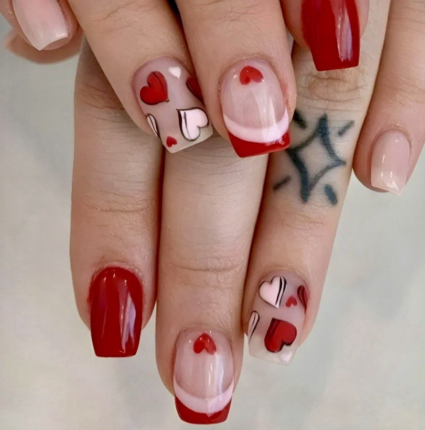 Fashionable French Tip Pink and Red Heart Design Acrylic Nails