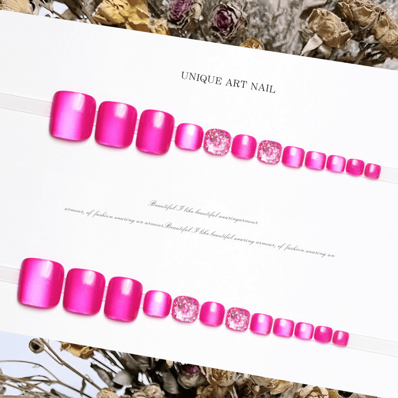 48Pcs-Short Square Wine Red Cat Eye Glitter Toe Press on Nails
