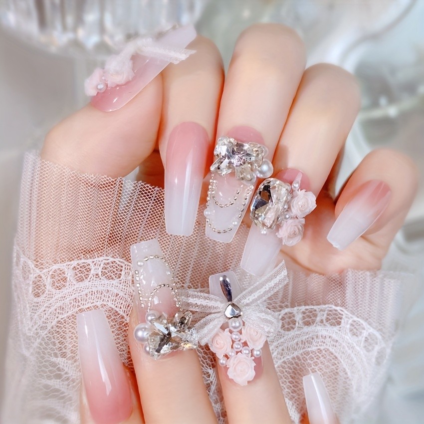 HandmadePinkGradient Flower Lace Bow Ballet NailsWearable For Daily Party