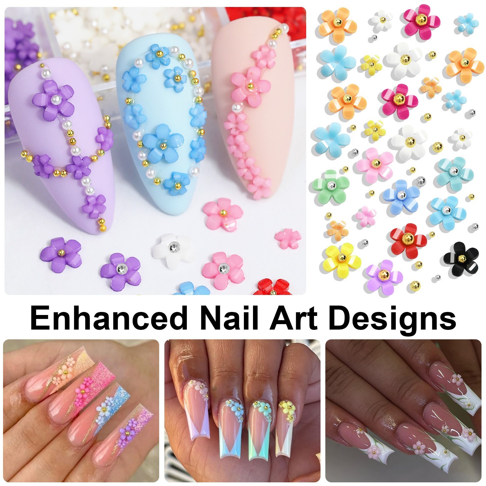 6/12/24 Grids 3D Nail Art Decoration Kit Resin Flower Bead Shapes For DIY Nails