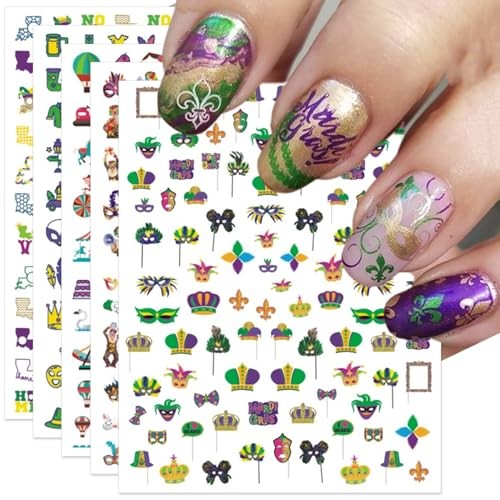 Mardi Gras Nail Art Stickers – 3D Masks, Beads, Fleur-de-Lis, 3D Masks