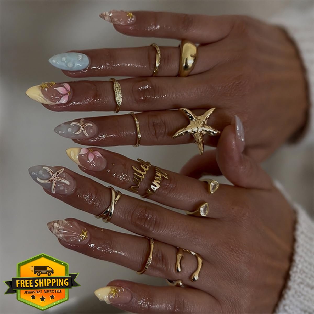 OSTTMA Medium Almond Press on Nails Starfish Shell