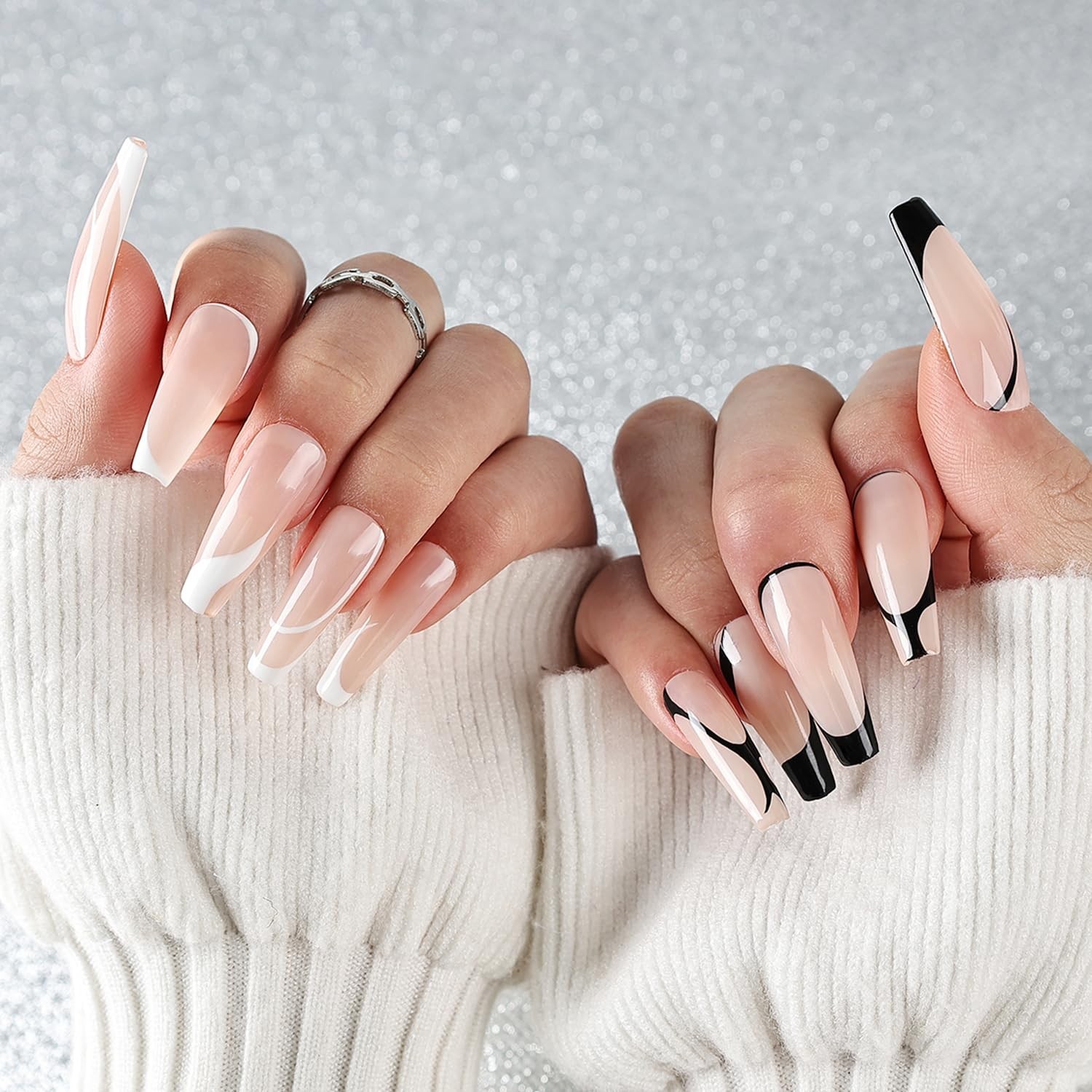 Glossy Black & White Gel Nail Art Set with Precision Brush – DIY Salon Quality