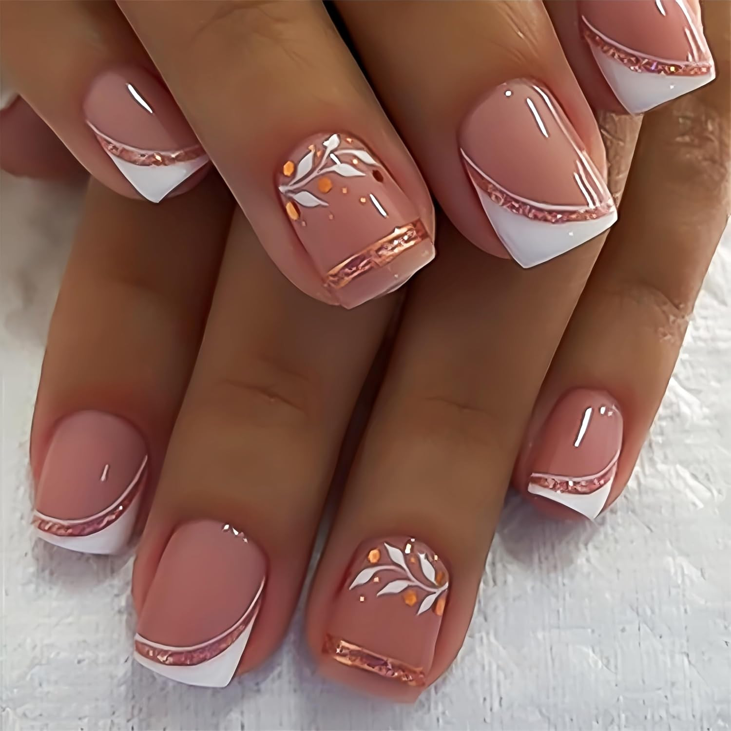 24Pcs Short Press on Nails French Tip Square Fake Nails with Rose Gold Glitter F