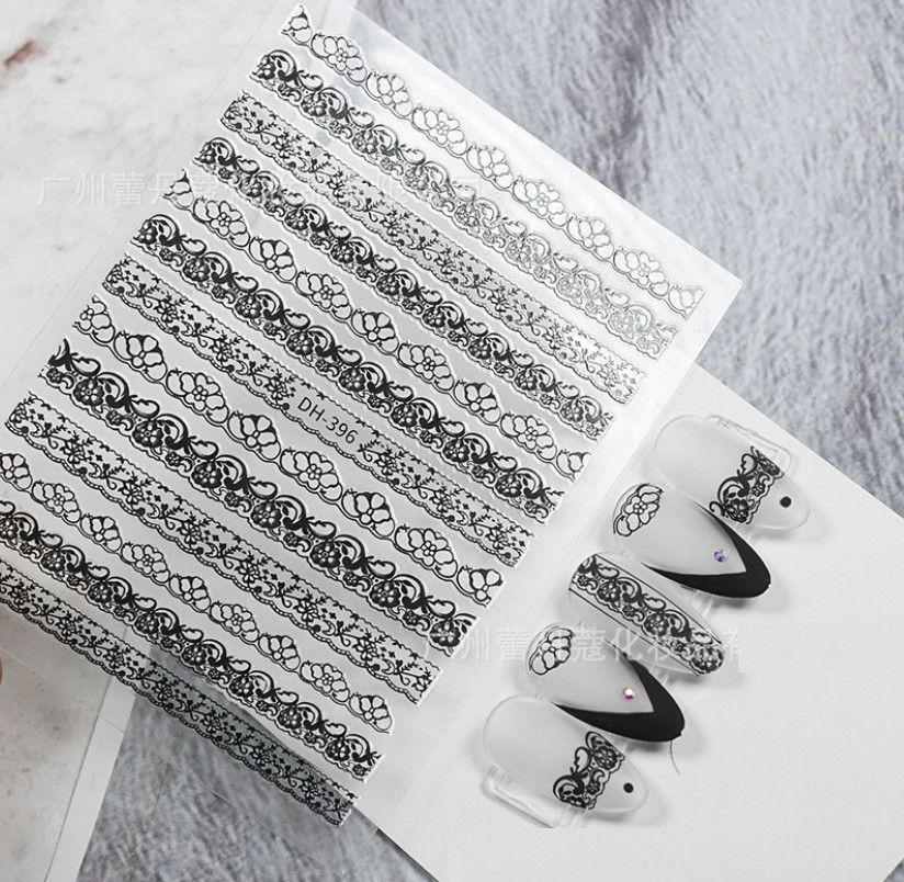 Nail art 3D stickers Adhesive decals white black lace flowers DH396 NH12