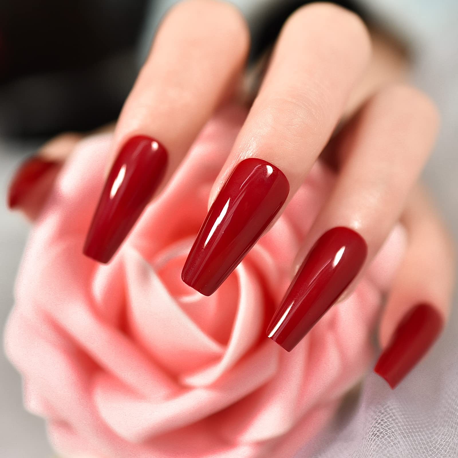 Glossy Red Press on Nails Medium Length Coffin False Nail Tips Reusable Full …