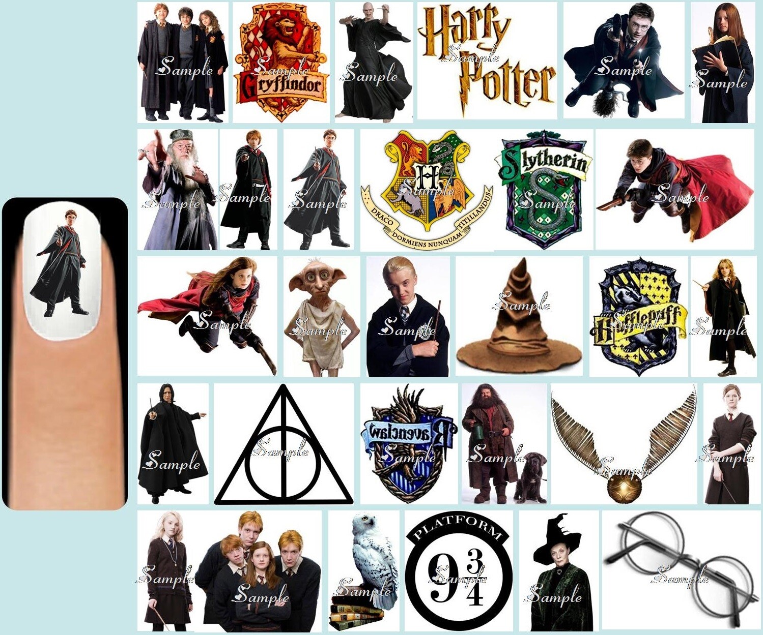 60x HARRY POTTER Nail Art Decals + Free Gems Hogwarts Crest Gryffindor Slytherin