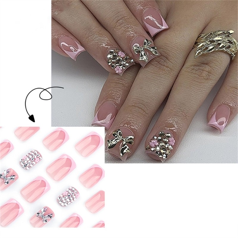 24 Pieces Luxurious Press on Nail Short Square False Nail with 3D Bows Designs